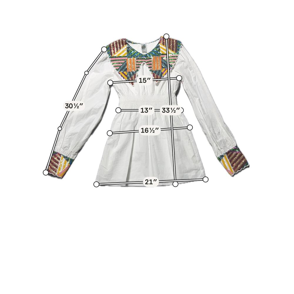 Queen of Sparkles Mini Dress Womens S White Sequin Wide Collar Smocked Waist - Picture 15 of 16